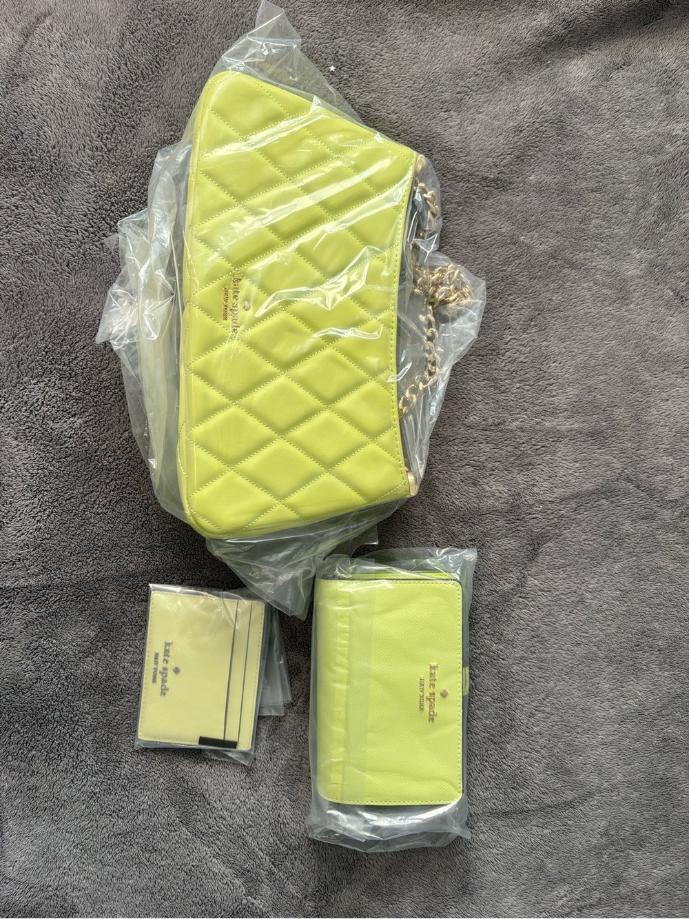 Kate Spade quilted crossbody in lime green with matching wallet and card holder